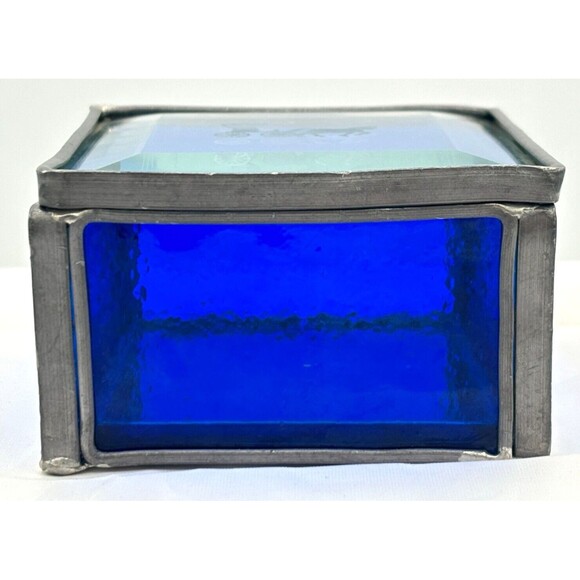 Stained Glass Trinket Box Cobalt Blue Mirrored Bottom Etched Stage Coach Hinged‎ - Picture 2 of 16
